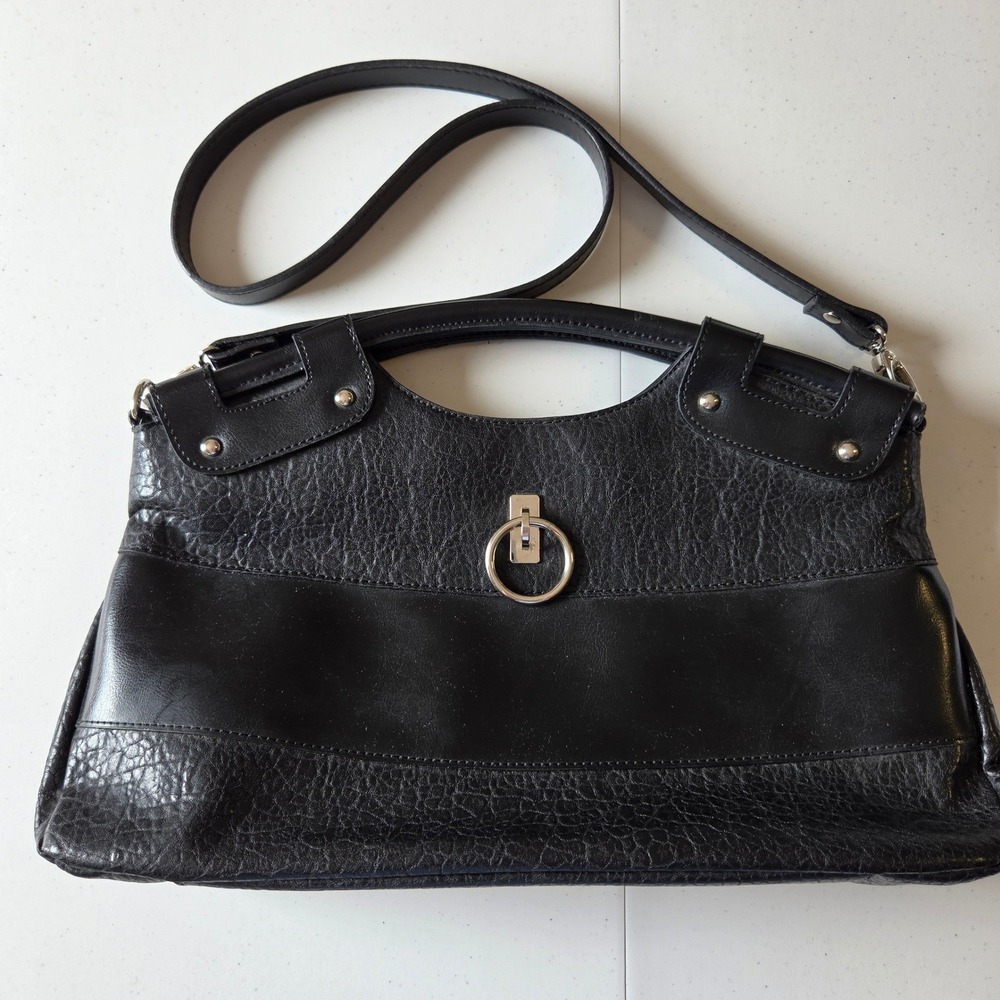 Rina Rich Black Mixed Texture Satchel Bag Silver Ring Detail Crossbody Handbag